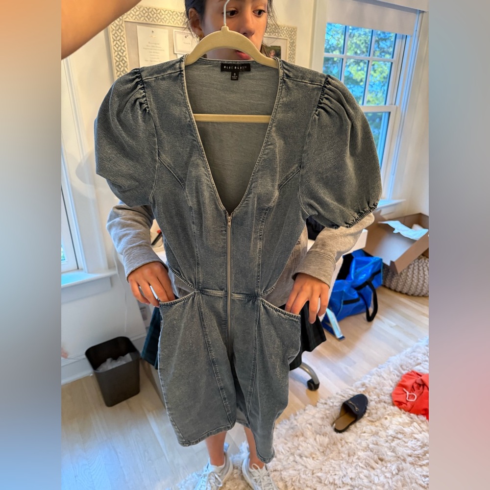 Blue Denim Puff Sleeve Jumpsuit